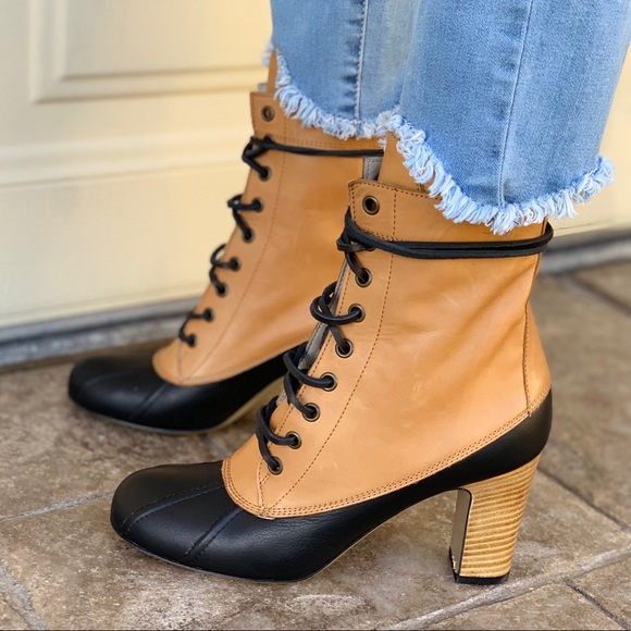 Leather High Heel Lace Up Tall Granny Duck Boots - Picture 6 of 8